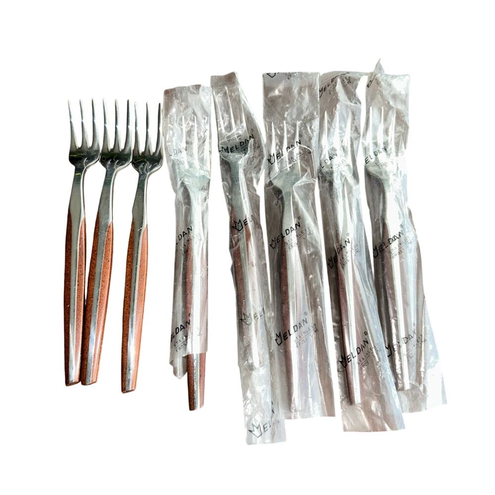 Mid Century Crown Eldan Stainless Steel Japan Brown Pickle Forks 8 Piece Set
